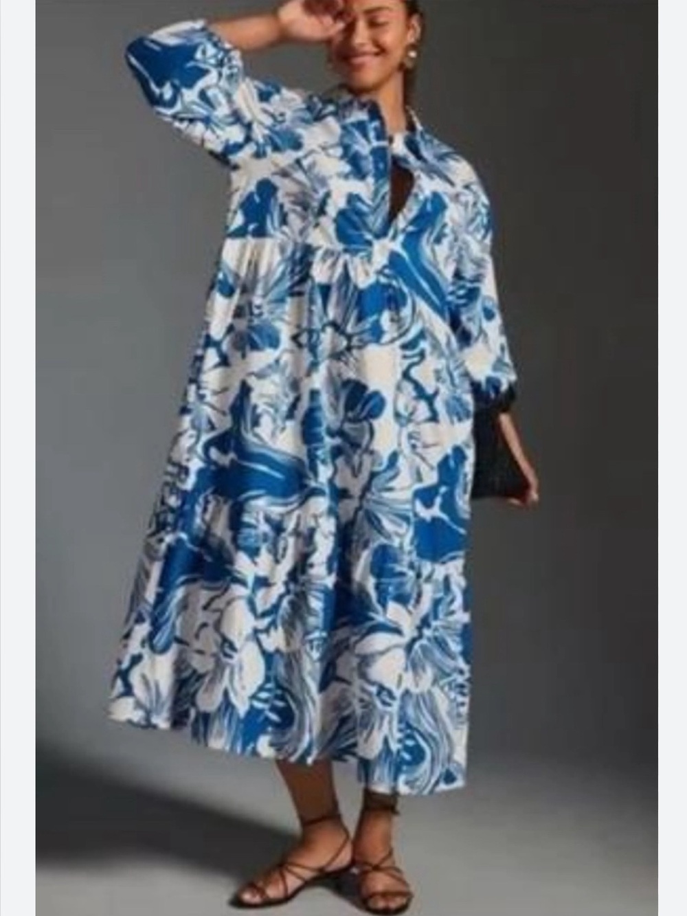 Anthropologie Maeve The Bettina Tiered Shirt Dress Blue White Hawaiian Floral